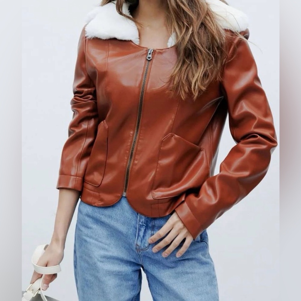 Jules Kae Brown Faux Leather Jacket with White Collar - NWOT - Size M